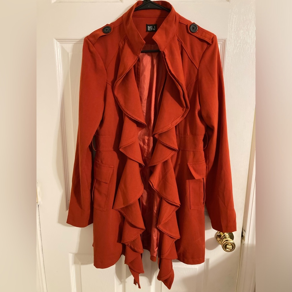 Very J Ruffled Trench Coat Jacket with Cargo Pockets